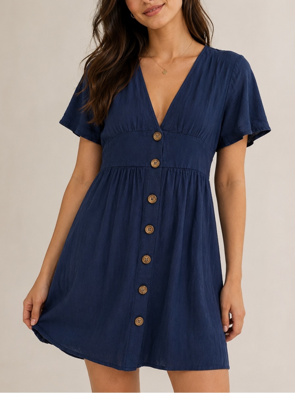 SHEIN Blue V-Neck Button Front Babydoll Mini Dress Size S